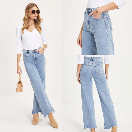 Damen Weit geschnittene Jeans mit fransigem Saum und hohem Bund EB