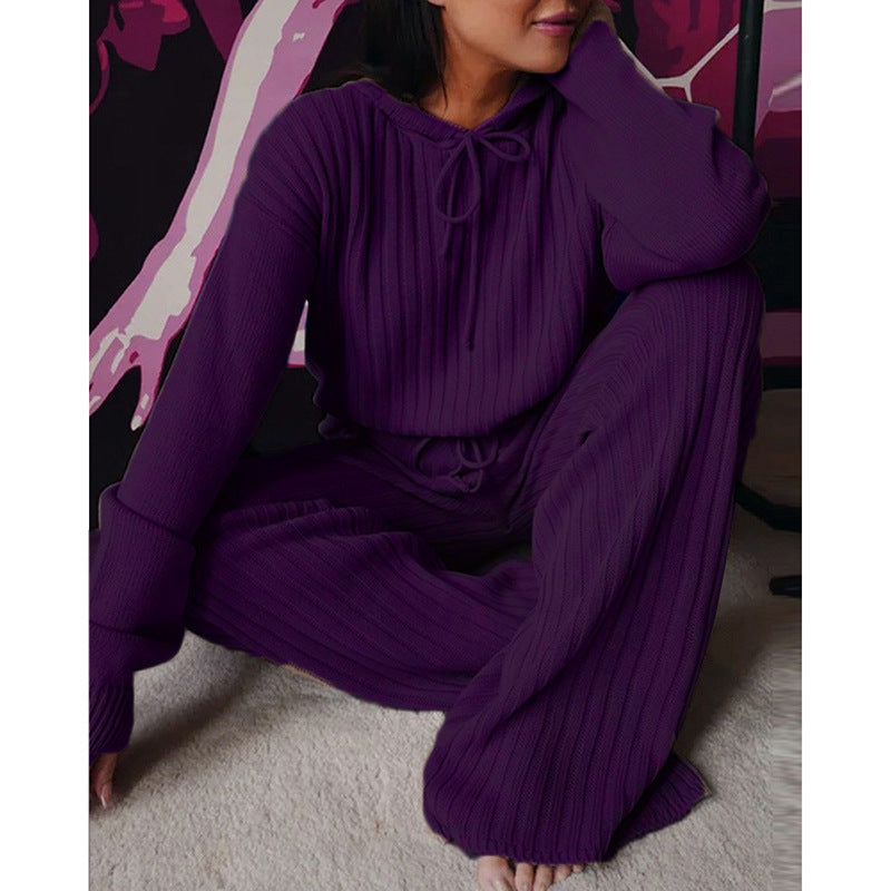 Damen Geripptes Strick-Loungewear-Set mit Kapuzenpullover und weiter Kordelzughose EB