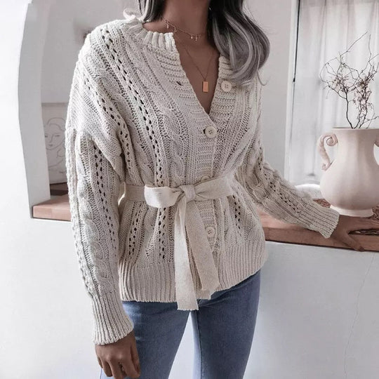 Damen Strickjacke mit Taillengürtel und raffinierten Lochmustern EB