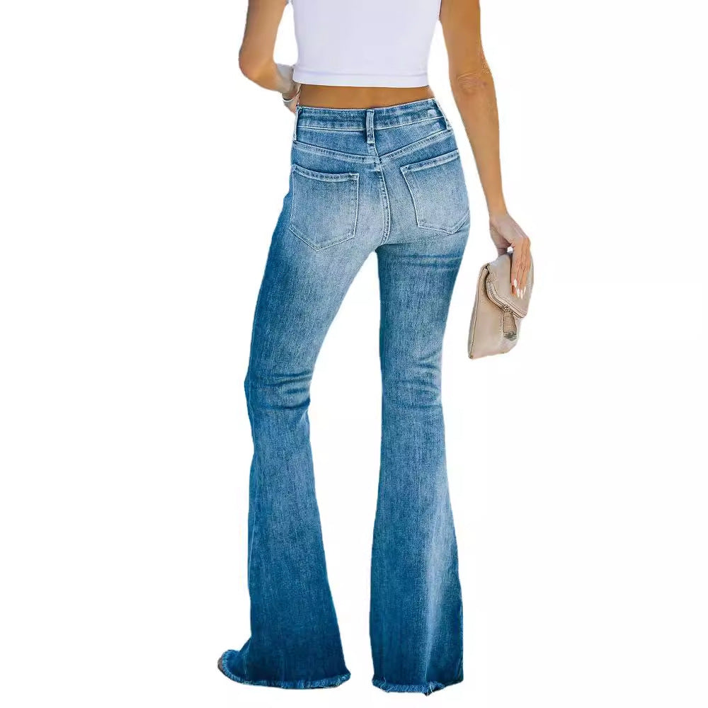 Damen Bootcut Jeans mit hoch tailliertem Schnitt und fransigem Saum EB