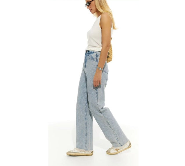 Damen Hochgeschnittene weite Jeanshose im Vintage-Style mit authentischem Used-Look EB