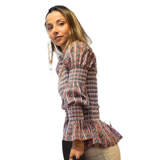 Damen Kleidung mit elastischen Rüschen und floralem Design EB