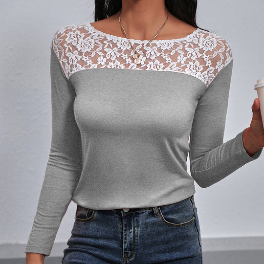 Damen elegantes Langarmshirt mit floralen Spitzendetails EB