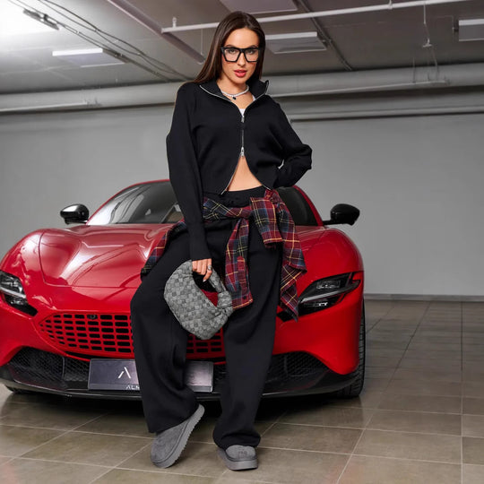 Damen nan gestricktes Loungewear-Zweiteiler mit kurzem Reißverschluss-Cardigan und weitem Highwaist-Hosenbein EB
