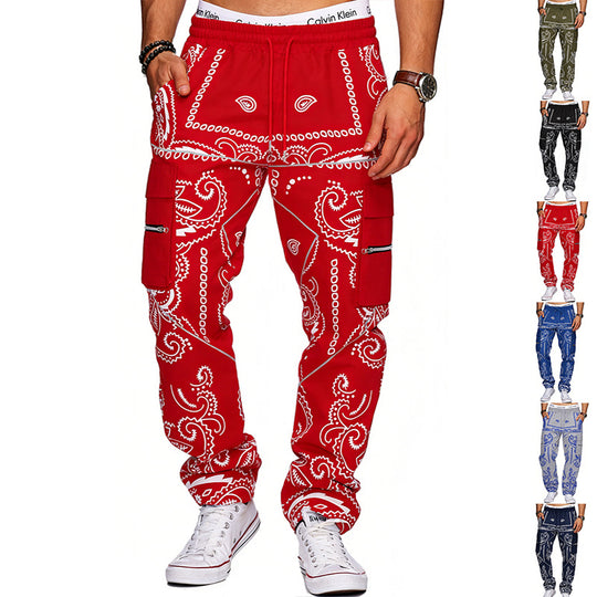 Herren nan Cargo-Jogginghose mit Paisley-Muster, elastischem Bund, multiple Reißverschluss- und Klappentaschen EB