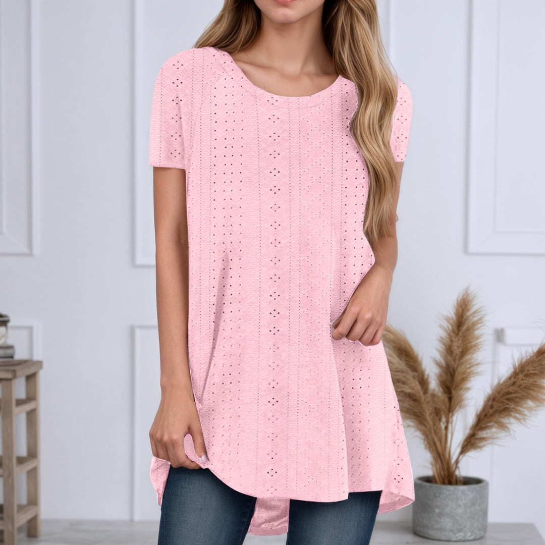 Damen nan locker geschnittene Broderie-Anglaise Tunika mit Rundhalsausschnitt, seitlichen Schlitzen und abgerundetem Saum EB
