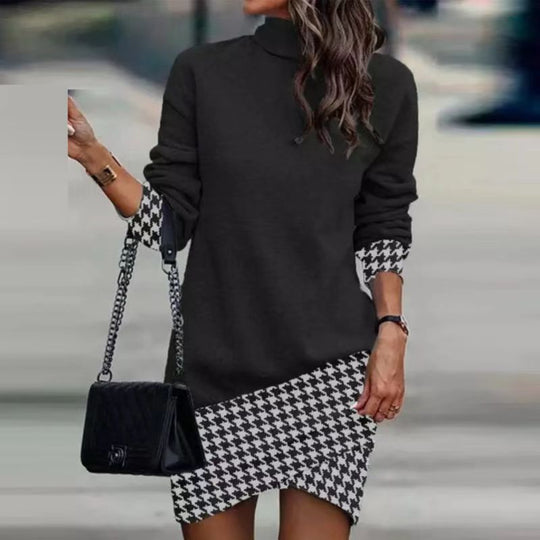Damen modisches Sweatkleid mit hohem Kragen und grafischem Design EB