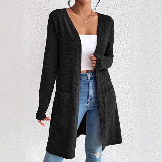 Damen nan offener Longcardigan mit aufgesetzten Taschen und weichem Feinstrick EB