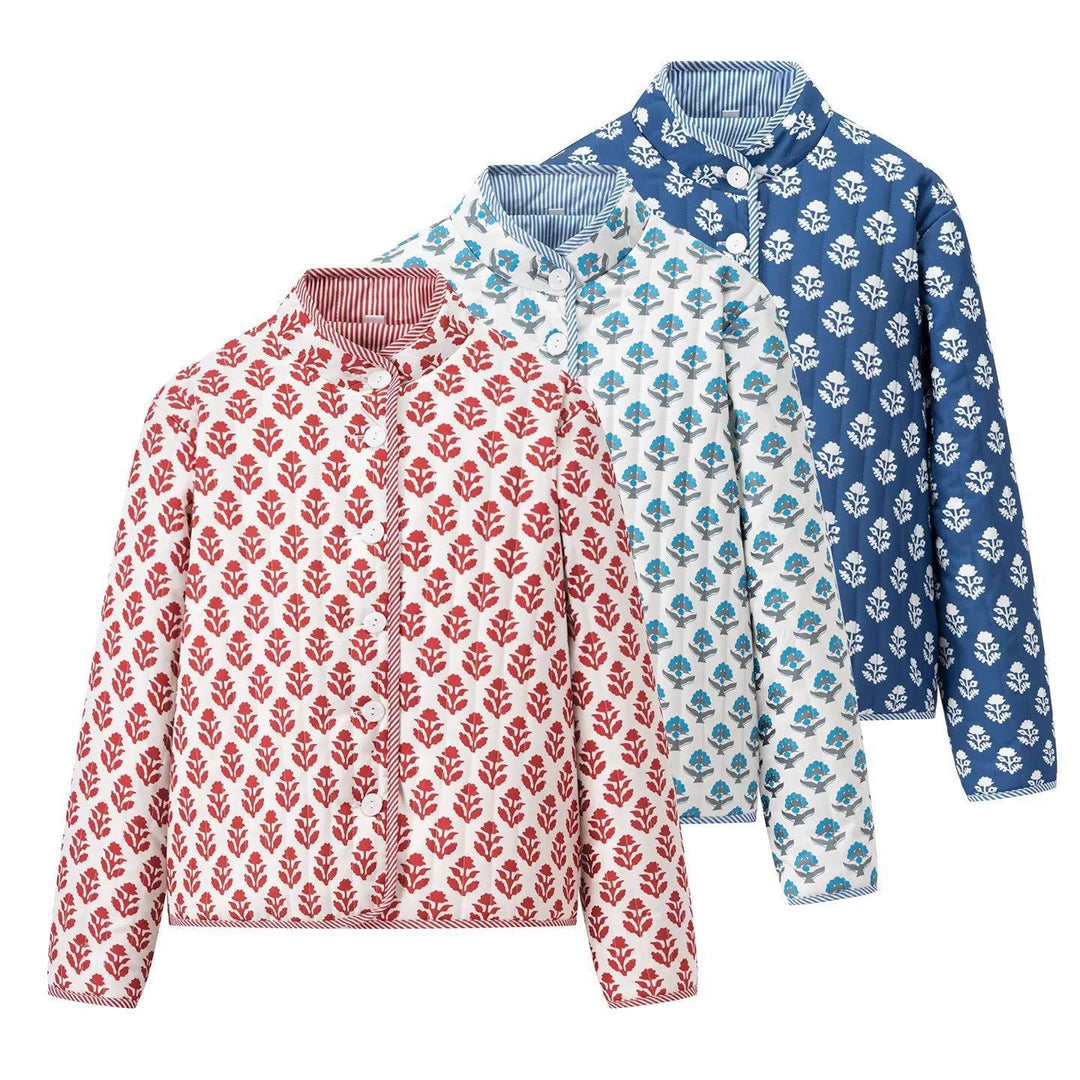 Damen gesteppte Blousonjacke mit floralem Muster und praktischen Knöpfen EB