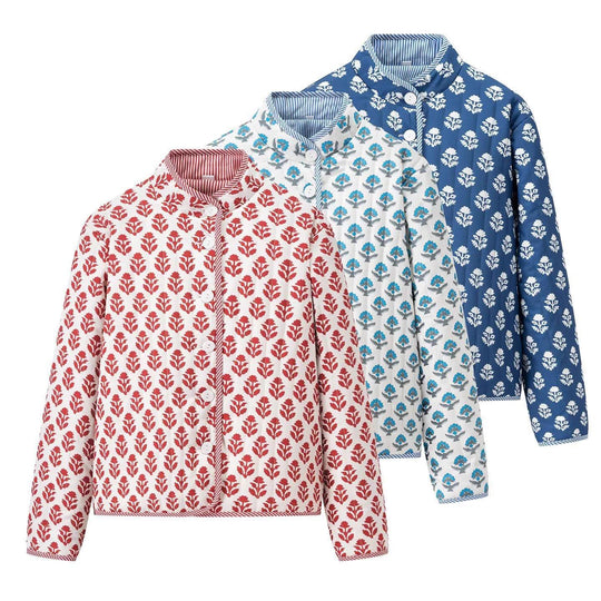 Damen gesteppte Blousonjacke mit floralem Muster und praktischen Knöpfen EB