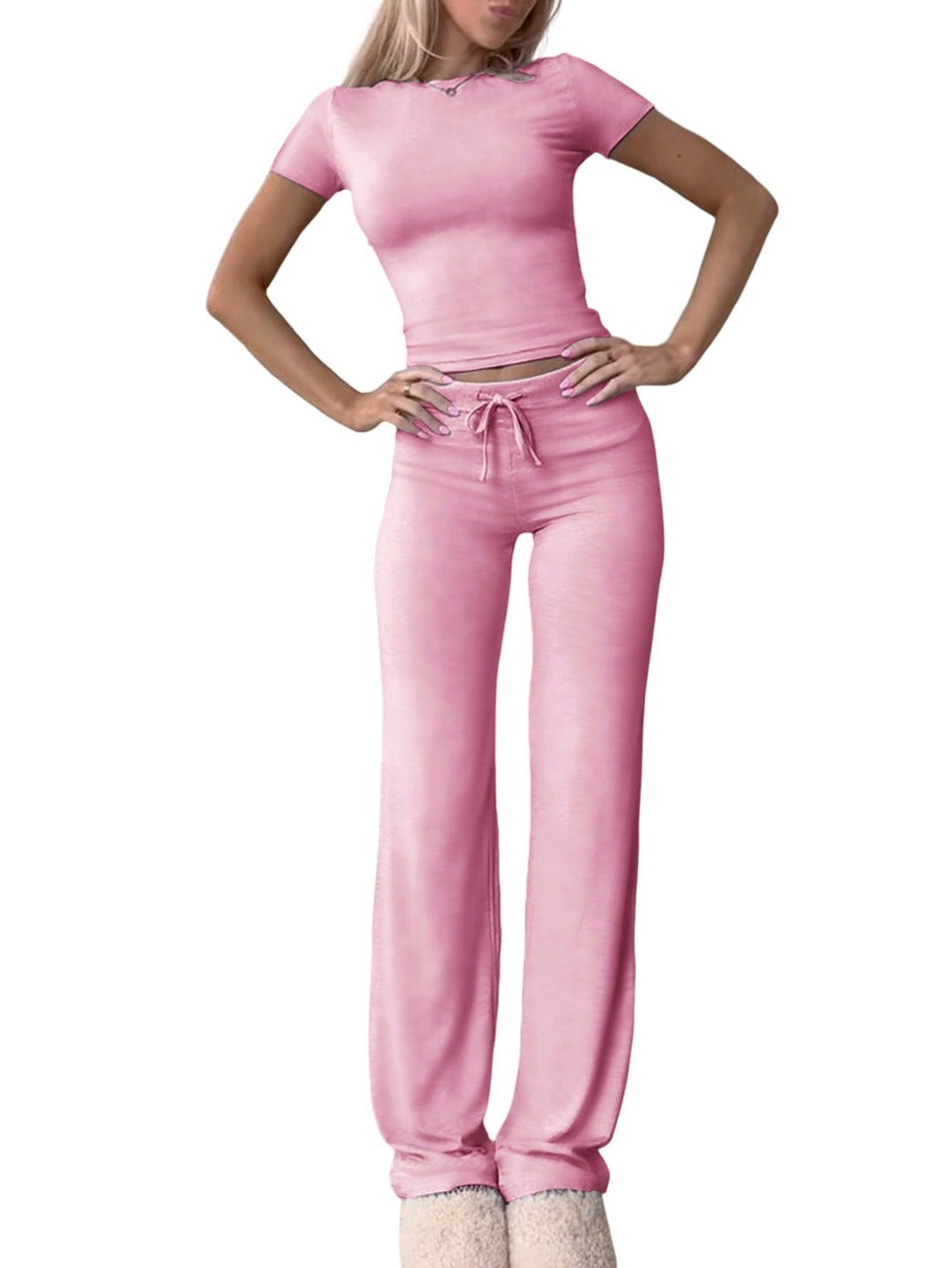 Damen lässiges Lounge-Set mit figurbetontem Oberteil und bequemer Hose EB