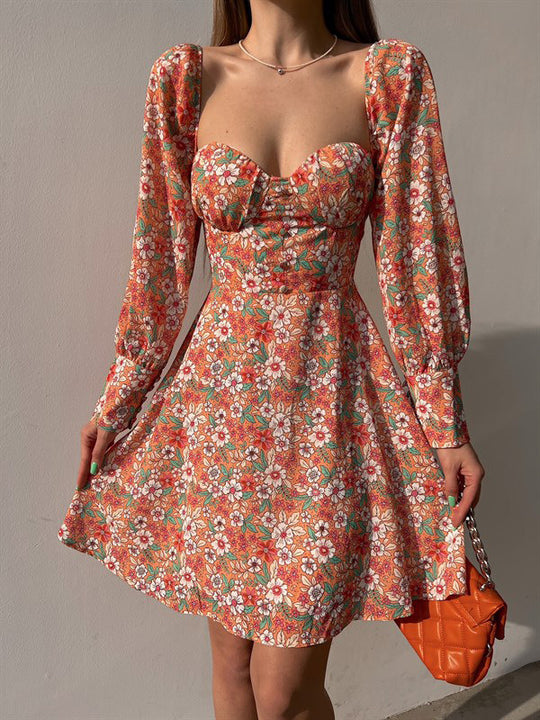 Damen Puffärmel Kleid mit romantischem Blumenmuster und herzförmigem Ausschnitt EB