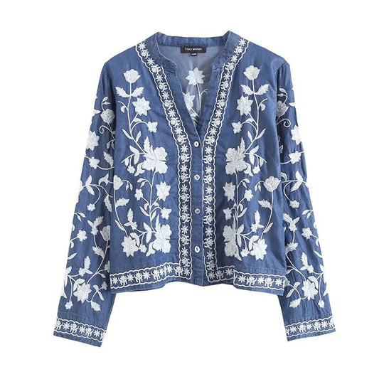 Damen bestickte Bluse im Vintage-Stil mit elegantem Kragen und Druckknopfverschluss EB