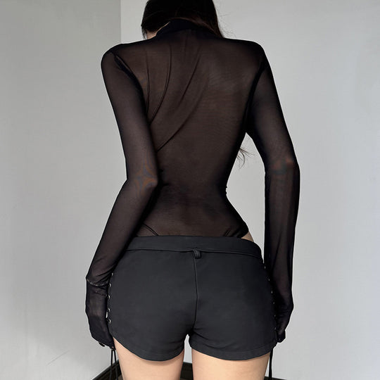 Damen Elegantes Bodysuit mit feinen Schmetterlingsmotiven und transparentem Stoff EB