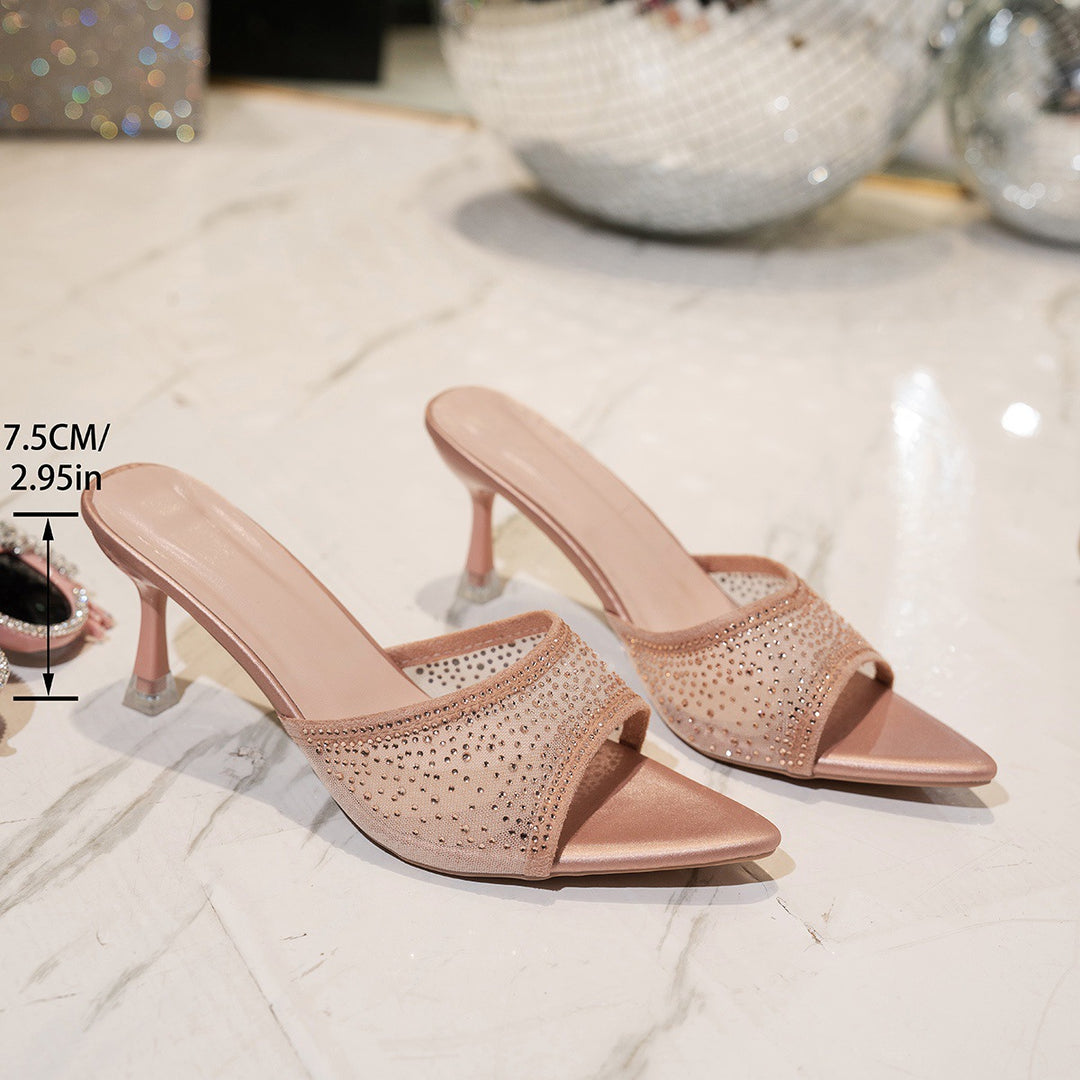 Damen elegante High-Heel-Pantoletten mit funkelnden Strassakzenten und geschwungenem Design EB