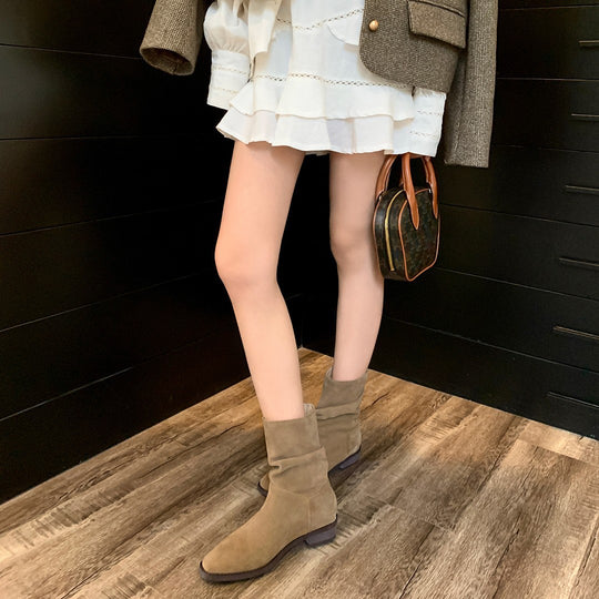 Damen modische Stiefeletten mit gerafftem Design und bequemem Blockabsatz EB