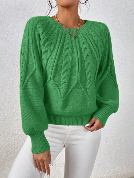 Damen nan kurzer Zopfmuster-Strickpullover mit Ballonärmeln und geripptem Saum EB