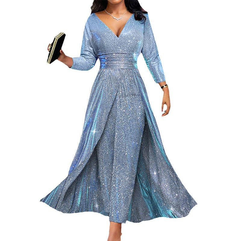 Damen Glitzerndes Maxikleid mit eleganter Teilung und schimmerndem Stoff EB