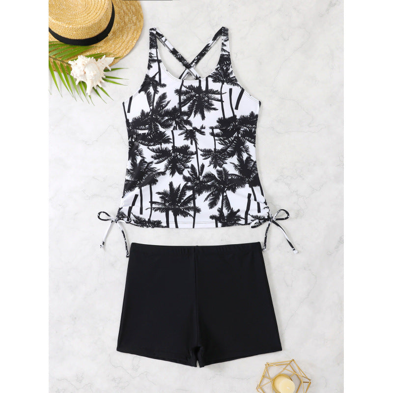 Damen Tankini-Set mit verstellbarem Bund und stilvollem Palmenmuster EB