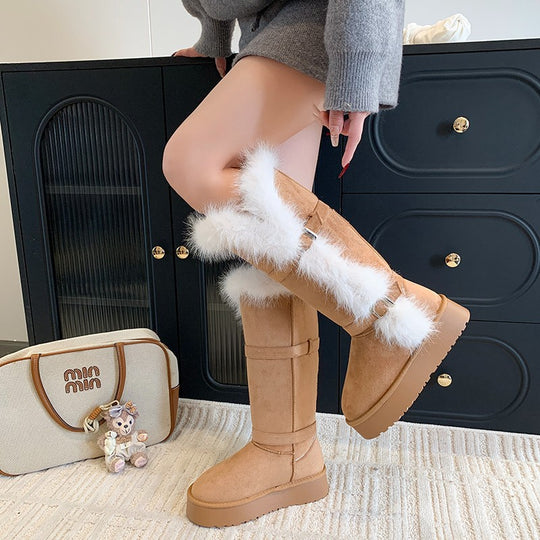 Damen kuschelige Winterstiefel mit weichem Kunstfellrand und modischen Schnallen EB
