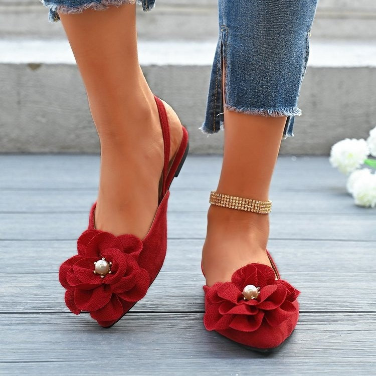 Damen Slingback-Ballerinas mit großer Blumenapplikation und flacher Komfortsohle EB