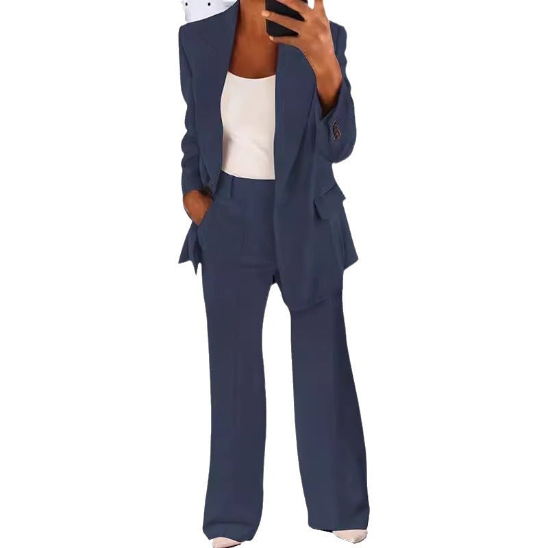Damen nan bürotaugendes Hosenanzug Set mit weiter Hose und tailliertem Blazer EB