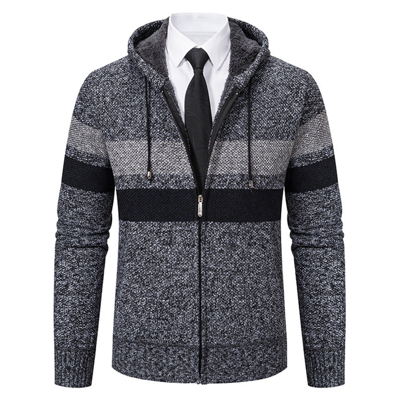 Herren nan gefütterte Kapuzen-Strickjacke mit Teddyfutter, durchgehendem Reißverschluss und kontrastierenden Streifen EB