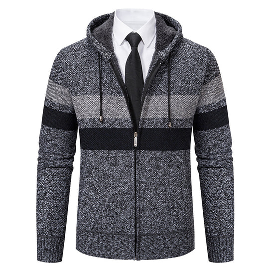 Herren nan gefütterte Kapuzen-Strickjacke mit Teddyfutter, durchgehendem Reißverschluss und kontrastierenden Streifen EB