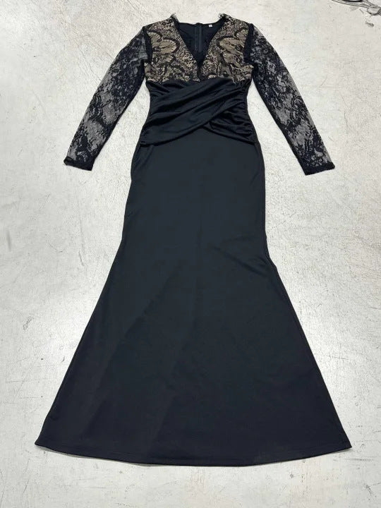 Damen elegantes Abendkleid mit Spitzeneinsätzen und raffiniertem Wickeldesign EB