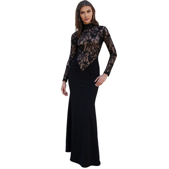 Damen Elegantes Maxikleid mit transparentem Spitzenoberteil und figurbetontem Schnitt EB
