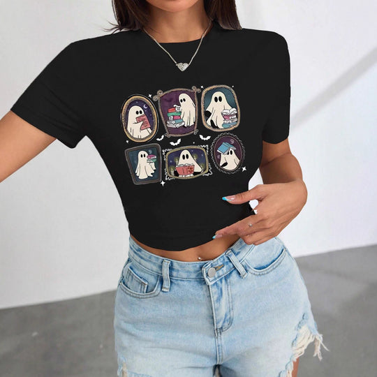 Damen Crop-T-Shirt mit verspieltem Geistermotiv EB