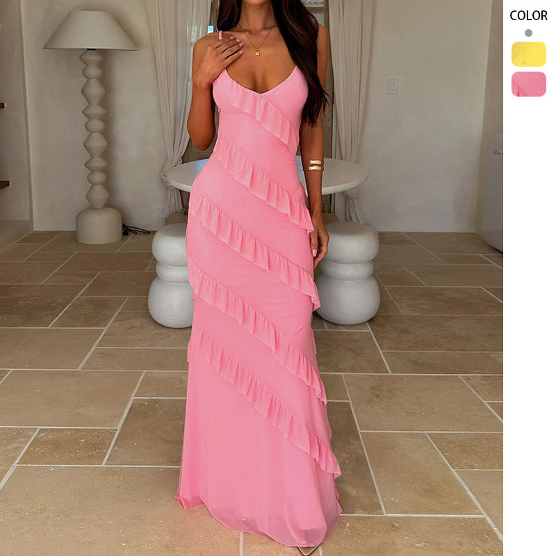 Damen Maxikleid mit elegantem Volantdesign und verstellbaren Trägern EB