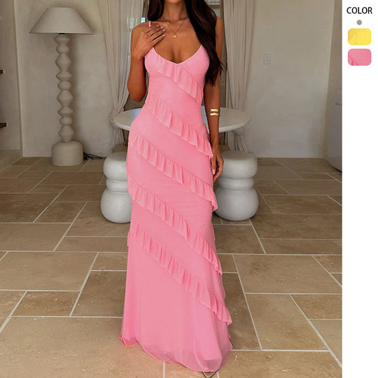 Damen Maxikleid mit elegantem Volantdesign und verstellbaren Trägern EB