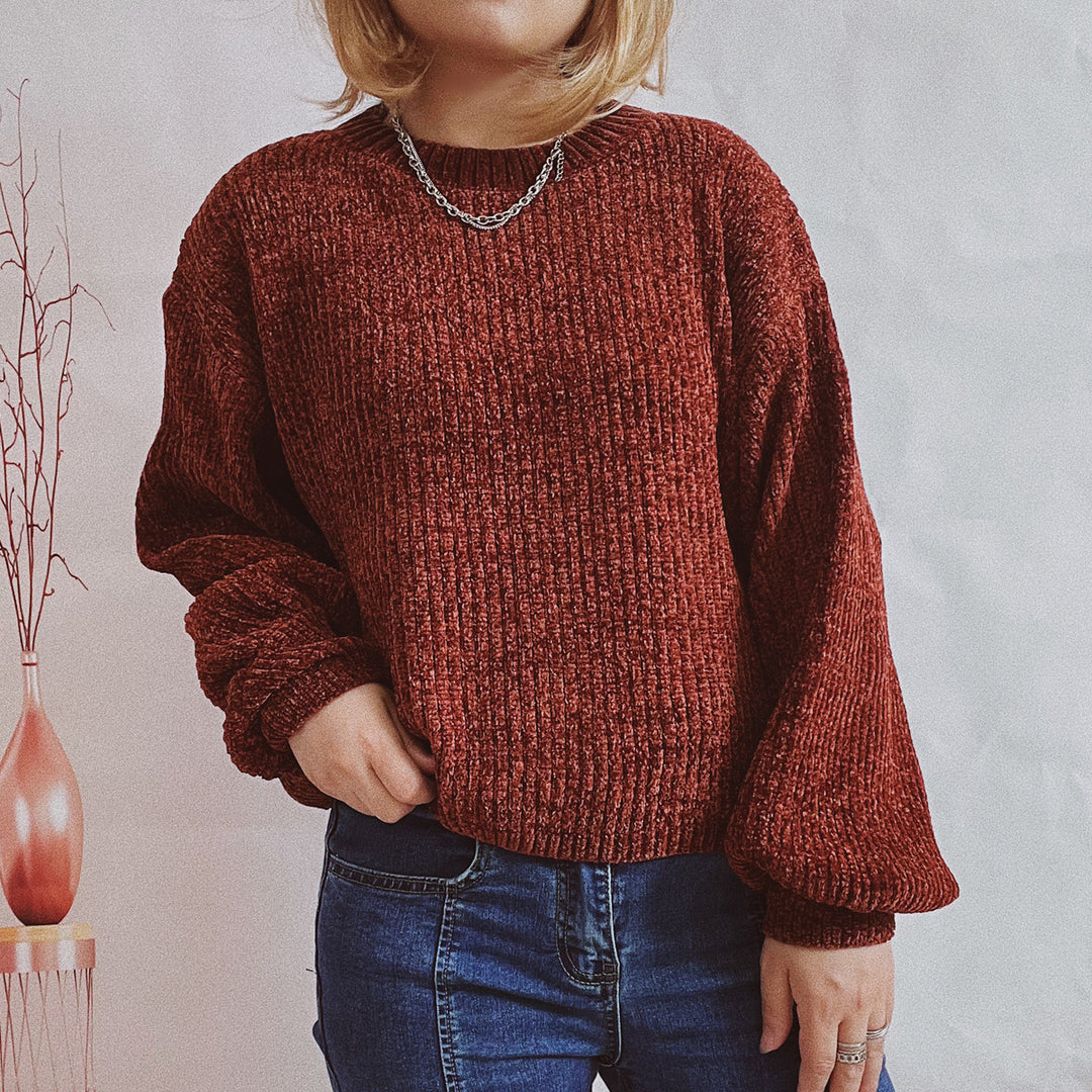 Damen Grobstrickpullover mit romantischem Rippenmuster und weiten Ärmeln EB