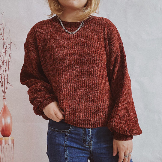 Damen Grobstrickpullover mit romantischem Rippenmuster und weiten Ärmeln EB