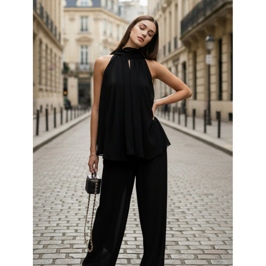 Damen Elegantes Chiffonoberteil mit tiefem Wasserfallausschnitt und fließendem Stoff EB