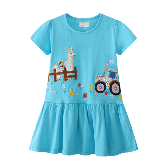 Mädchen Tüllkleid mit verspieltem Lama- und Traktor-Design EB