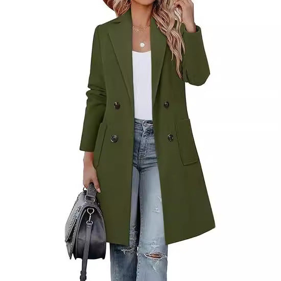 Damen Doppelreihiger Longblazer-Mantel mit aufgesetzten Taschen und taillierter Silhouette EB