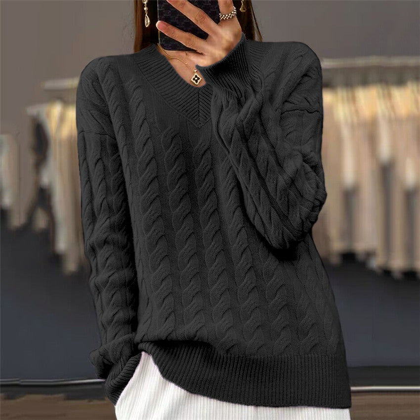 Damen nan weich fallender Zopfmuster-Pullover mit V-Ausschnitt, Oversize-Schnitt und geripptem Saum EB