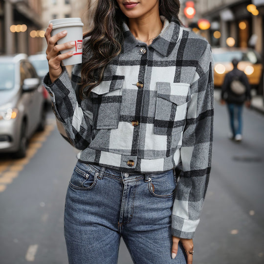 Damen Karierte Baumwolljacke mit modischem Schnitt und Taschen EB