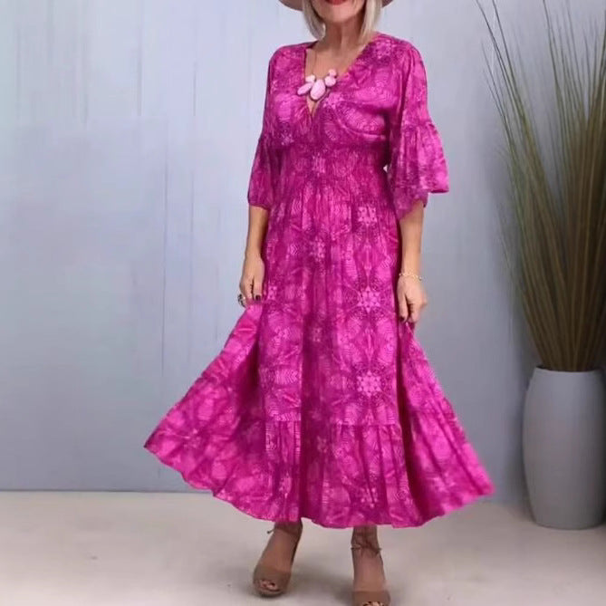 Damen nan fließendes Kaftan-Midikleid mit V-Ausschnitt, lockerer Silhouette, Stufenrock und dreiviertel-Ärmeln EB