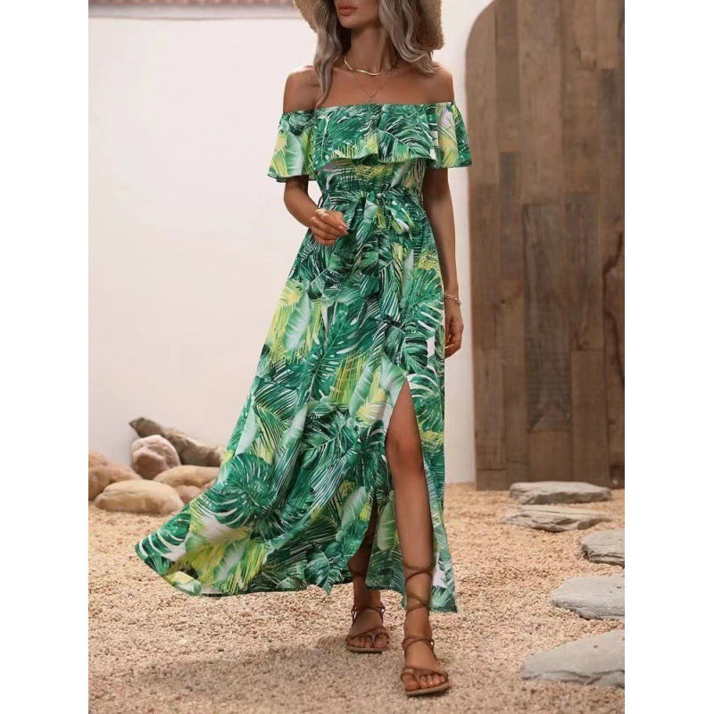Damen Maxikleid mit Off-Shoulder-Ausschnitt und tiefem Schlitz EB