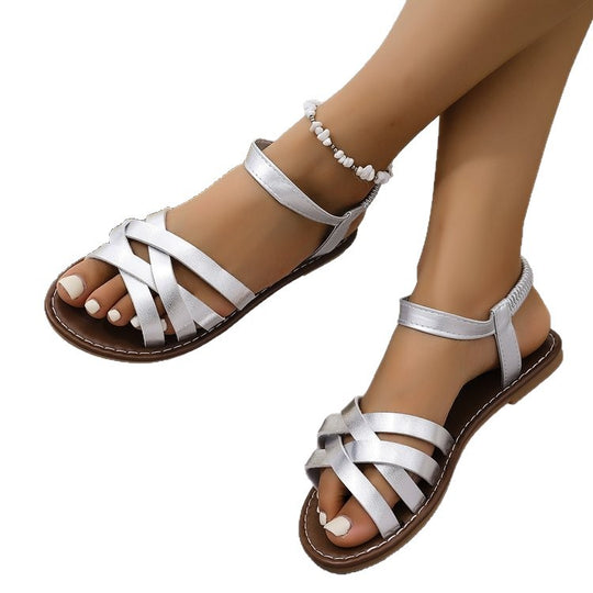 Damen Komfortable Riemensandalen mit Kreuzriemen und schmückender Perlenapplikation EB