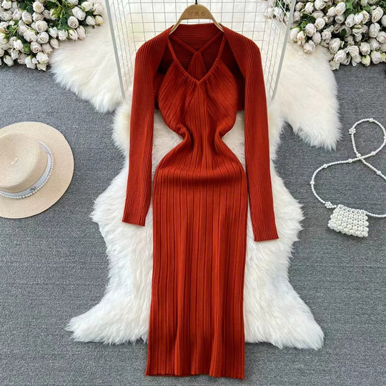 Damen elegantes Maxikleid mit raffinierten Falten und tiefem Ausschnitt EB
