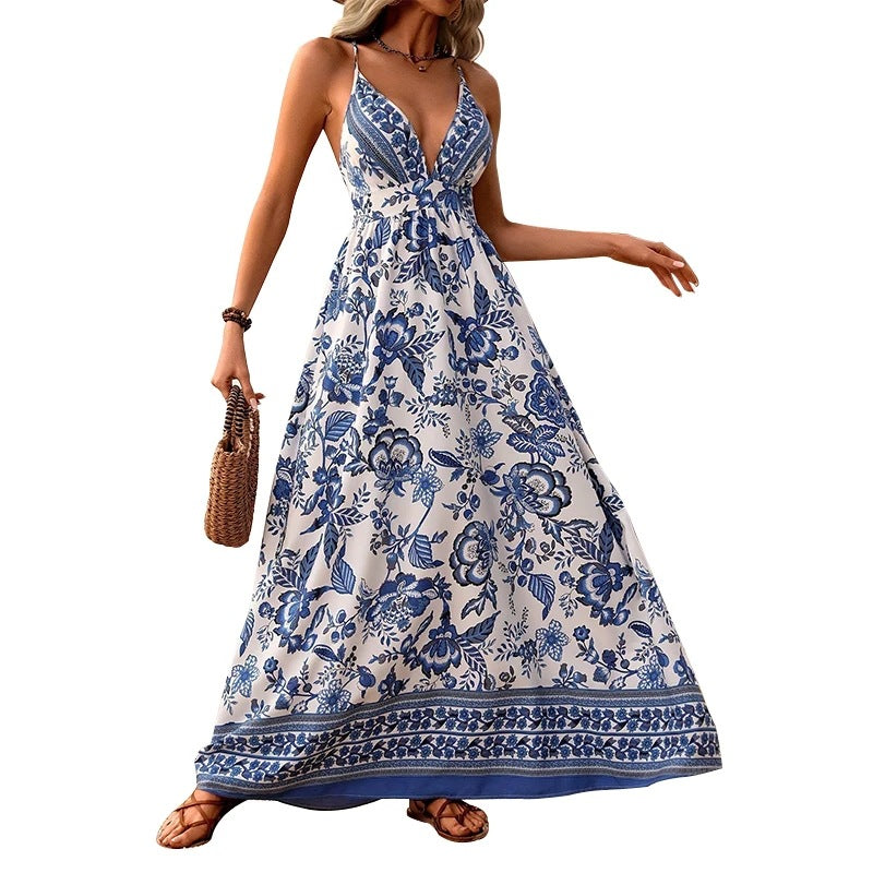 Damen Maxikleid mit tiefem V-Ausschnitt und floralen Mustern EB