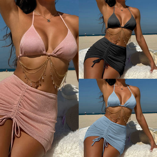 Damen Glitzerndes Triangel-Bikini-Set mit modischem Wickelrock und Kettenverzierung EB