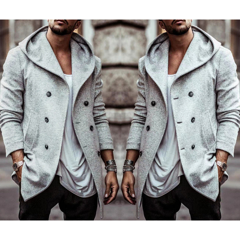Herren stylischer Hoodie-Mantel mit doppelter Knopfreihe und weitem Kragen EB