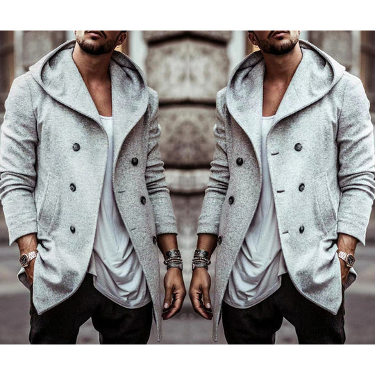 Herren stylischer Hoodie-Mantel mit doppelter Knopfreihe und weitem Kragen EB