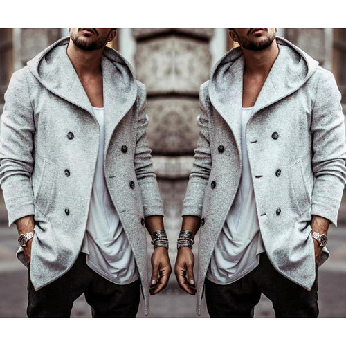 Herren stylischer Hoodie-Mantel mit doppelter Knopfreihe und weitem Kragen EB
