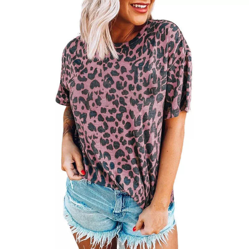 Damen lässiges Leoprint T-Shirt mit weichem Stoff und lockerer Passform EB
